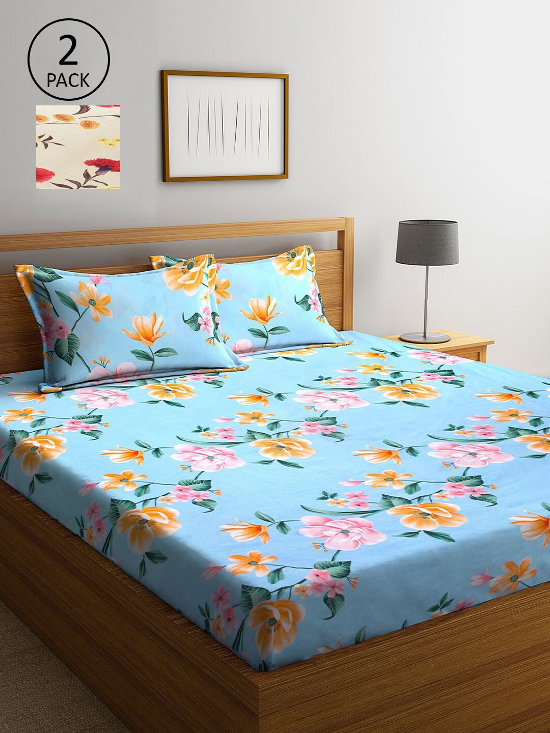

KLOTTHE Blue & Cream-Coloured Floral 210 TC 2 King Bedsheet with 4 Pillow Covers