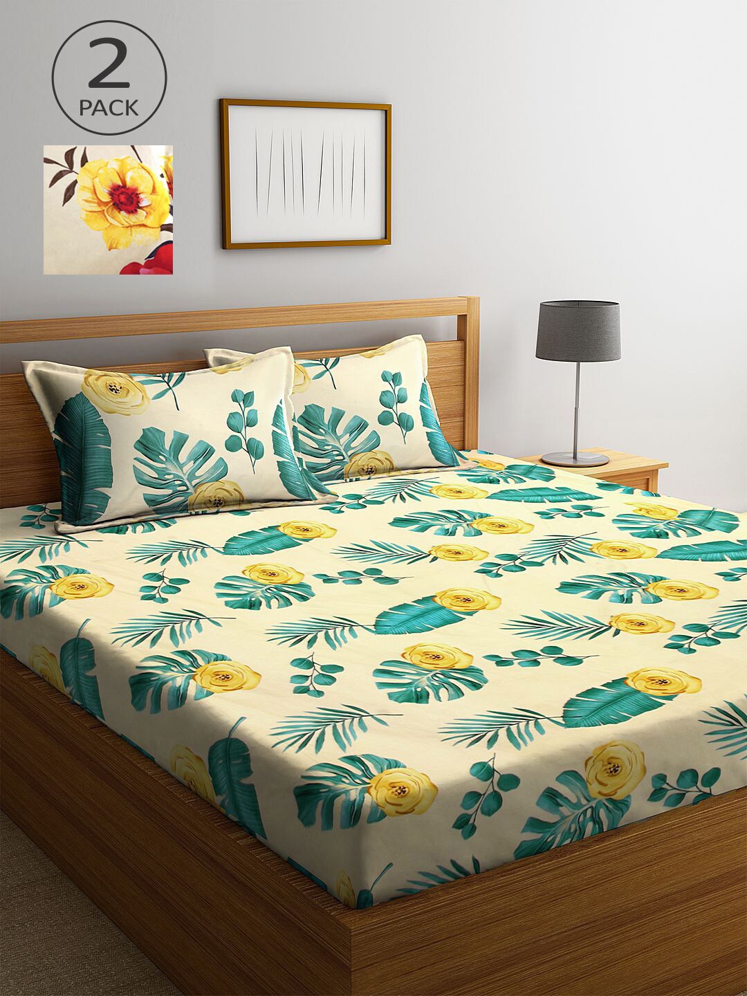 

KLOTTHE Yellow & Green Floral 210 TC 2 King Bedsheet with 4 Pillow Covers