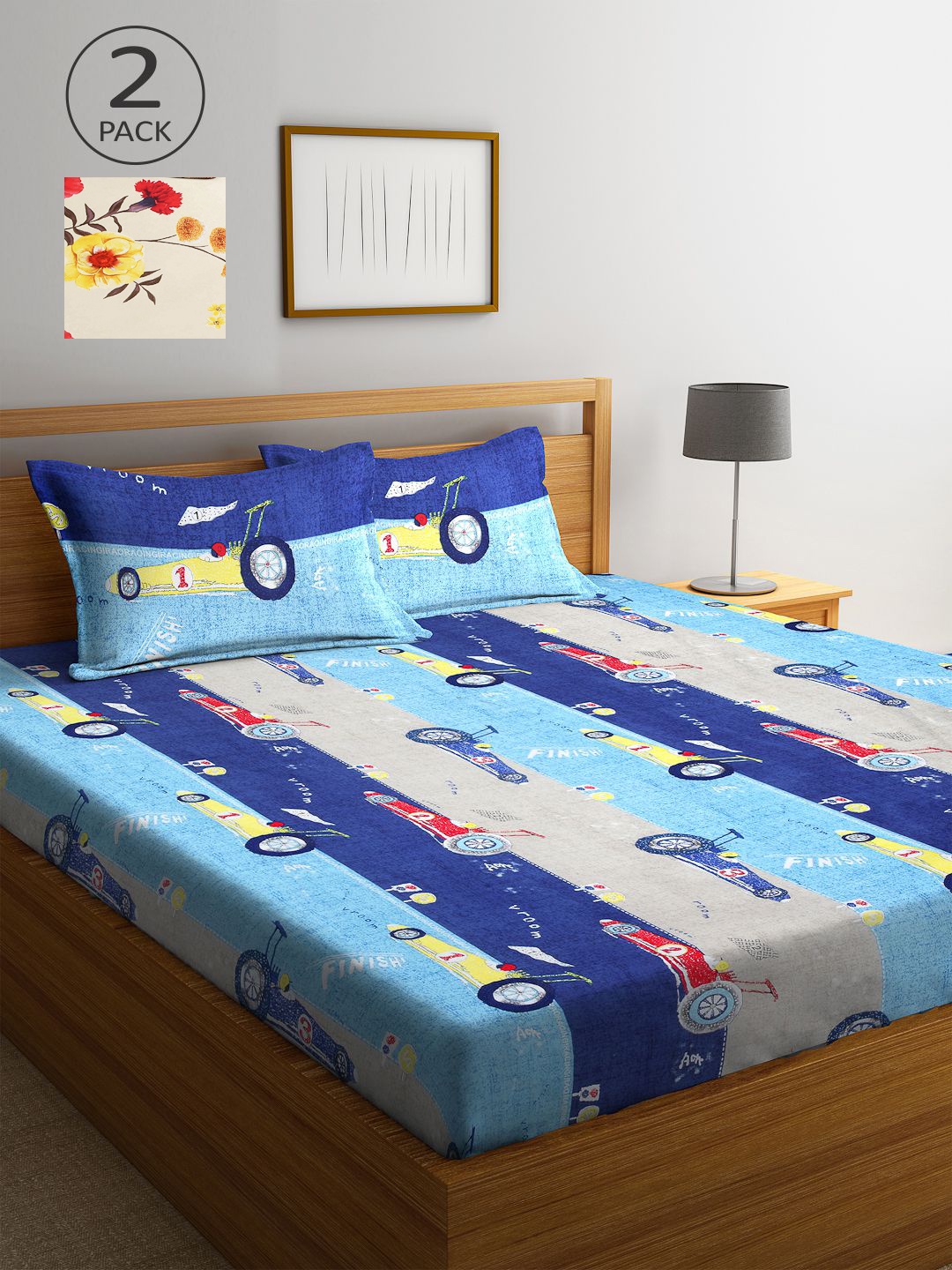 

KLOTTHE Blue & Cream-Coloured Conversational 210 TC 2 King Bedsheet with 4 Pillow Covers