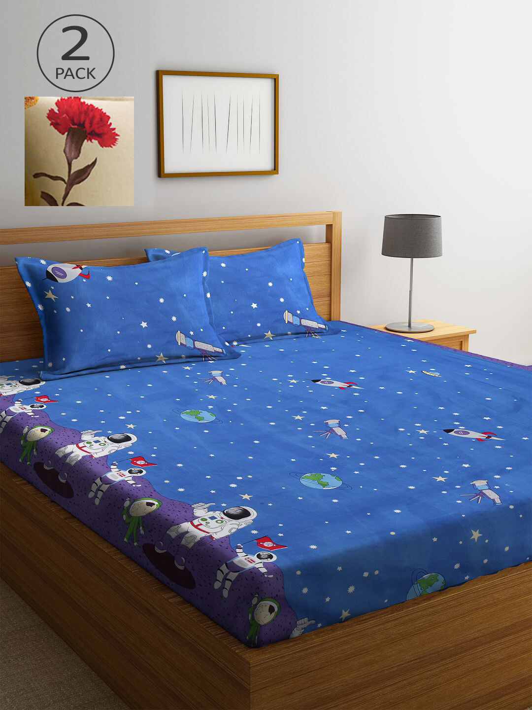

KLOTTHE Blue & Cream-Coloured Floral 210 TC 2 King Bedsheet with 4 Pillow Covers