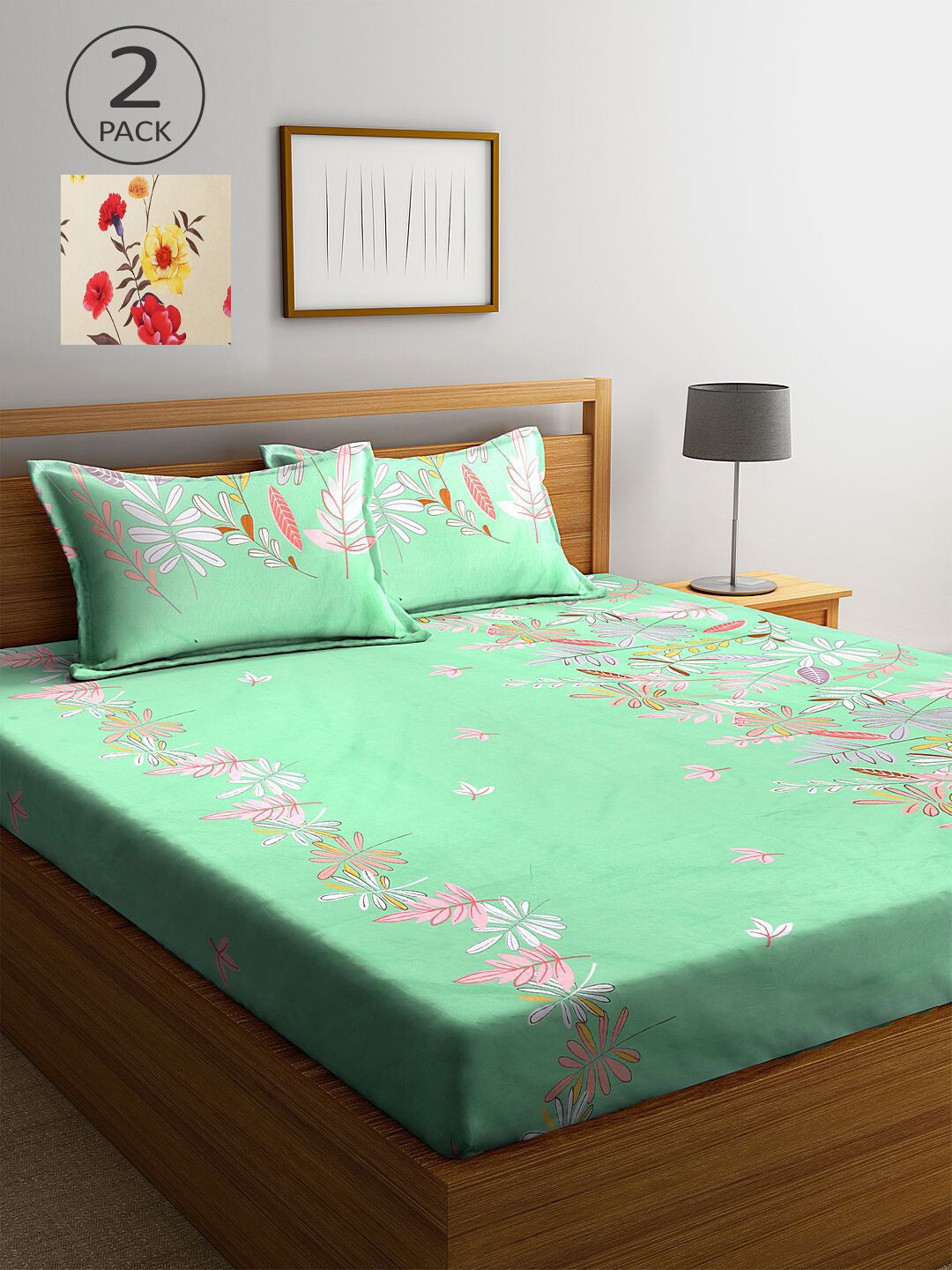 

KLOTTHE Green & Cream-Coloured Floral 210 TC 2 King Bedsheet with 4 Pillow Covers