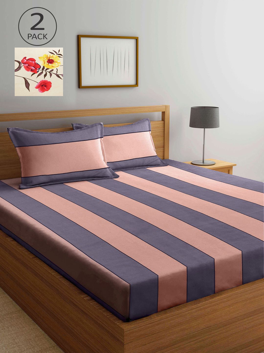 

KLOTTHE Purple & Red Striped 210 TC 2 King Bedsheet with 4 Pillow Covers
