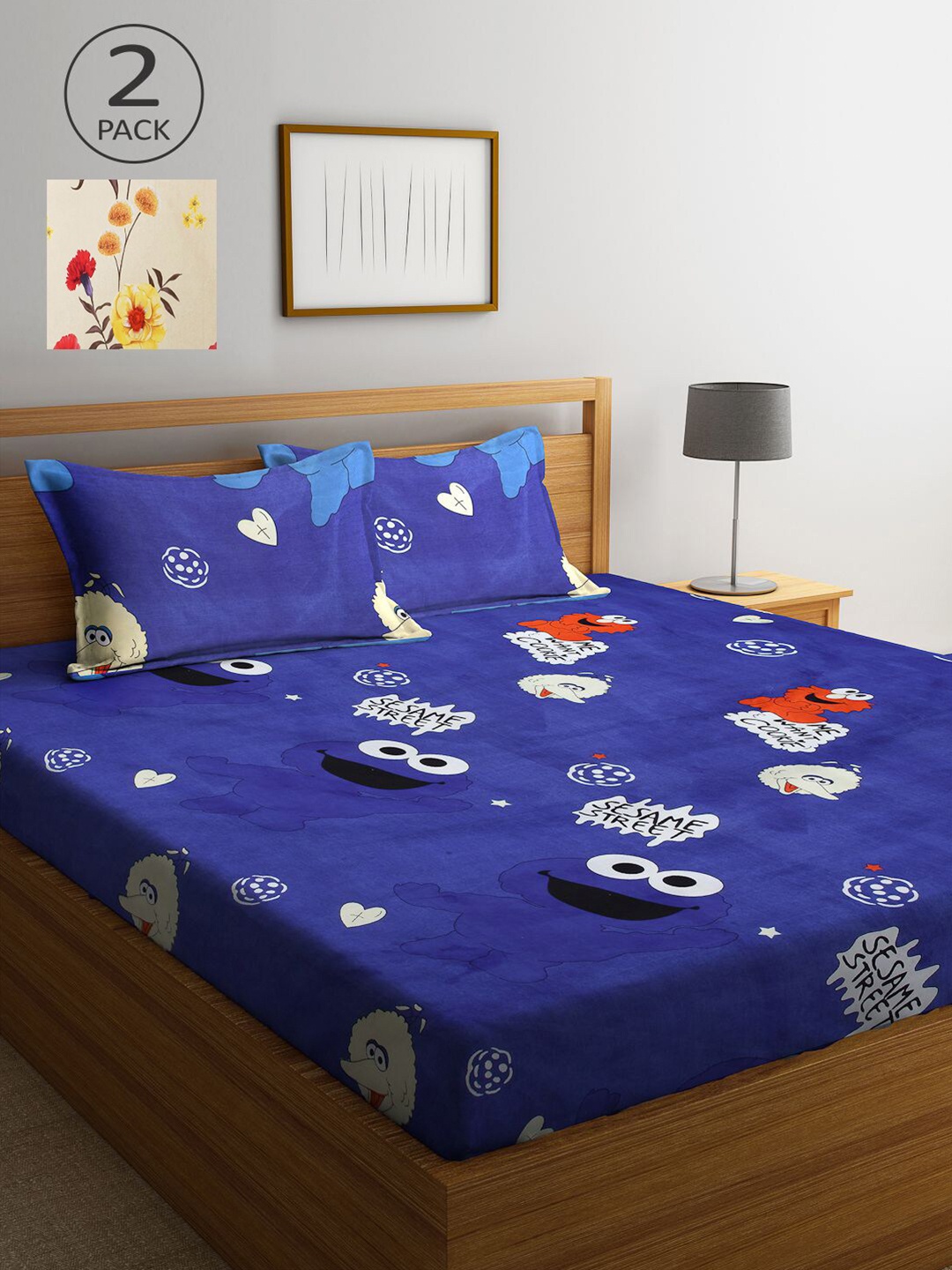 

KLOTTHE Cream-Coloured & Blue Cartoon Characters 210 TC 2 King Bedsheet with 4 Pillow Covers