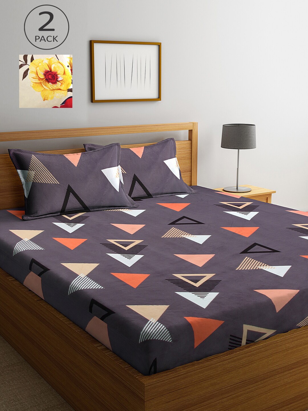 

KLOTTHE Grey & Beige Geometric 210 TC 2 King Bedsheet with 4 Pillow Covers