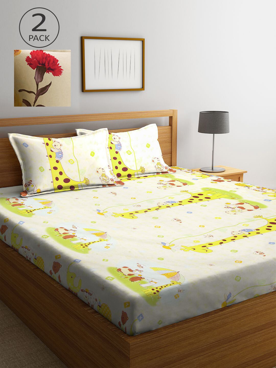 

KLOTTHE Beige & Red Cartoon Characters 210 TC 2 King Bedsheet with 4 Pillow Covers