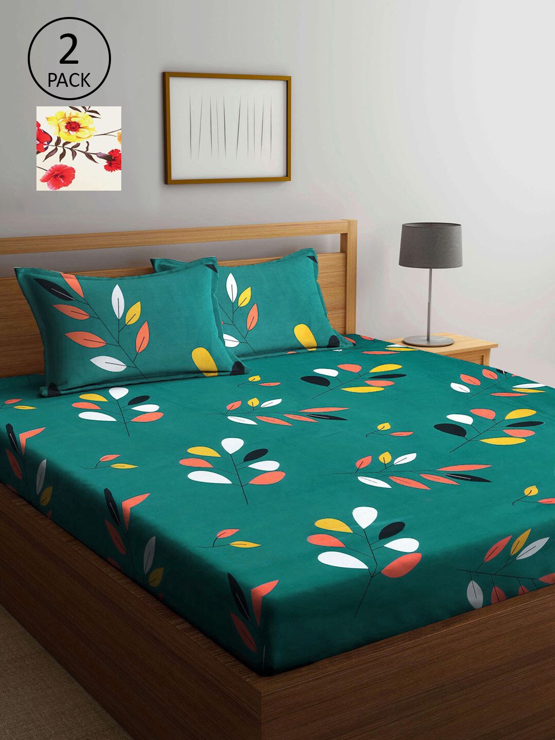 

KLOTTHE Green & Cream-Coloured Floral 210 TC 2 King Bedsheet with 4 Pillow Covers