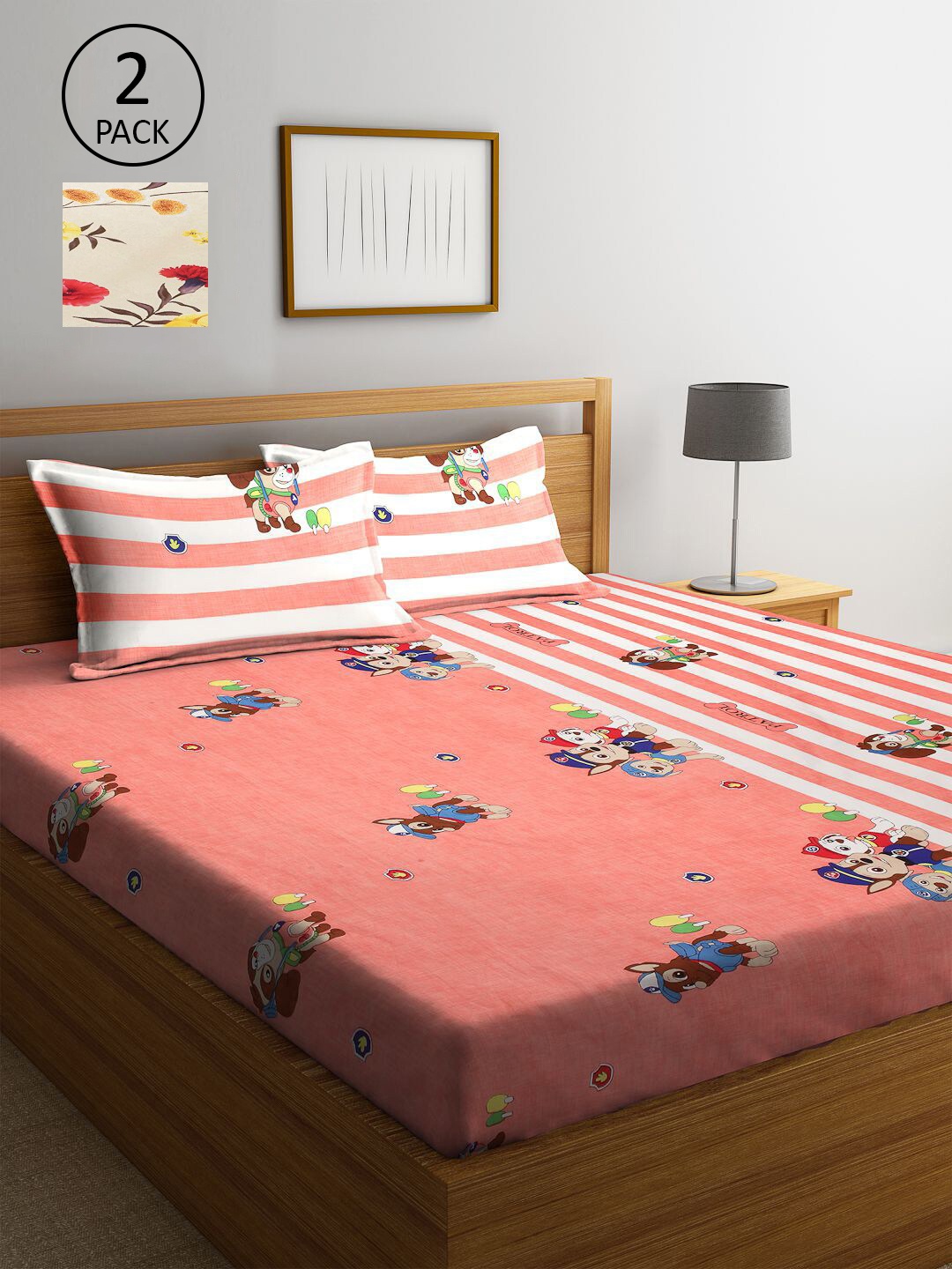 

KLOTTHE Cream-Coloured & Peach-Coloured Cartoon Characters 210 TC 2 King Bedsheet with 4 Pillow Covers