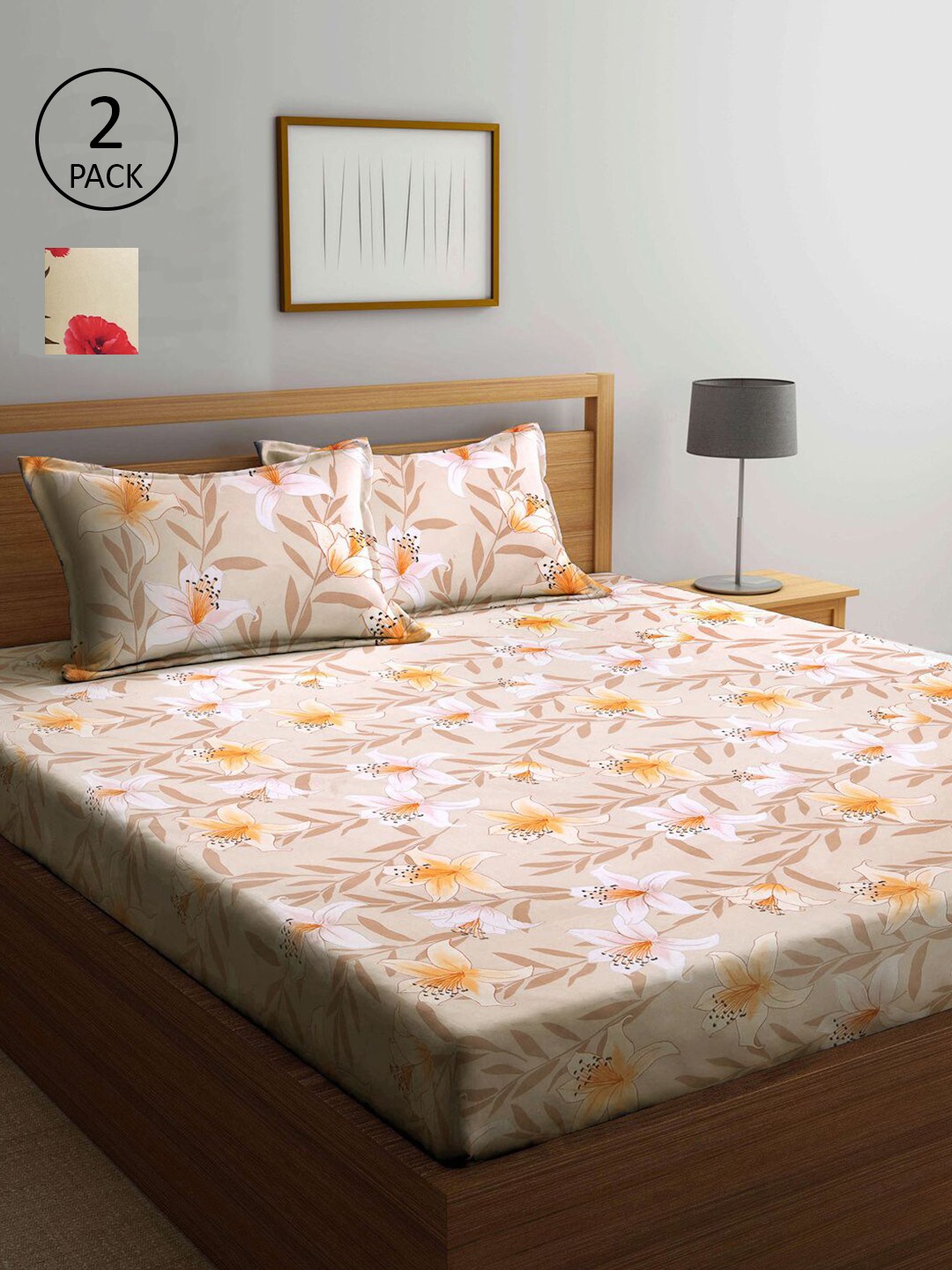 

KLOTTHE Cream-Coloured Floral 210 TC 2 King Bedsheet with 4 Pillow Covers