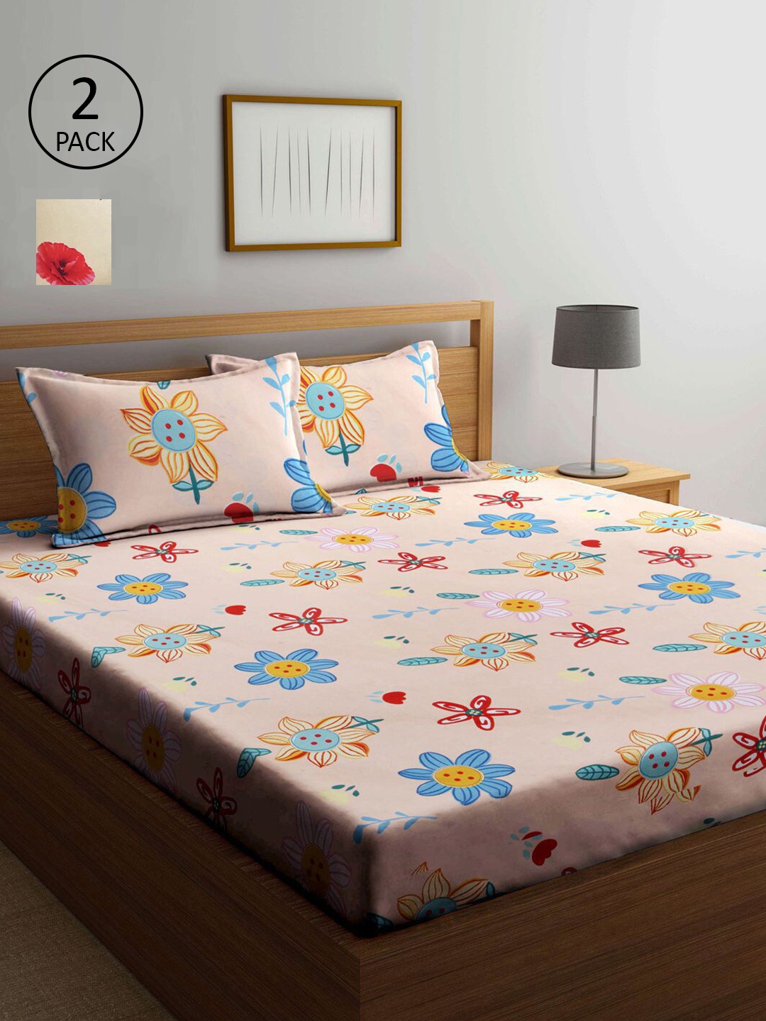 

KLOTTHE Cream-Coloured & Peach-Coloured Floral 210 TC 2 King Bedsheet with 4 Pillow Covers