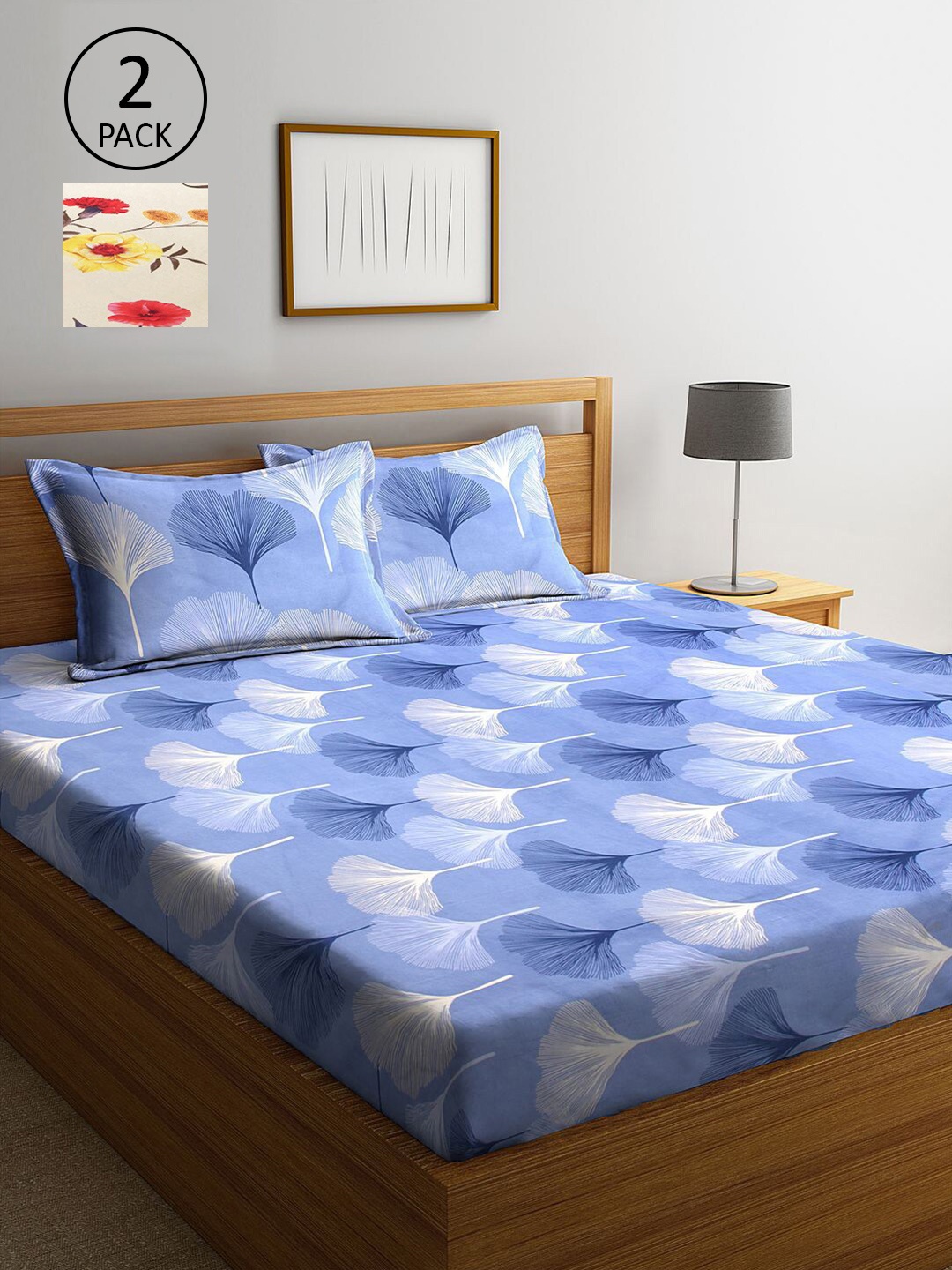 

KLOTTHE Blue & Cream-Coloured Floral 210 TC 2 King Bedsheet with 4 Pillow Covers