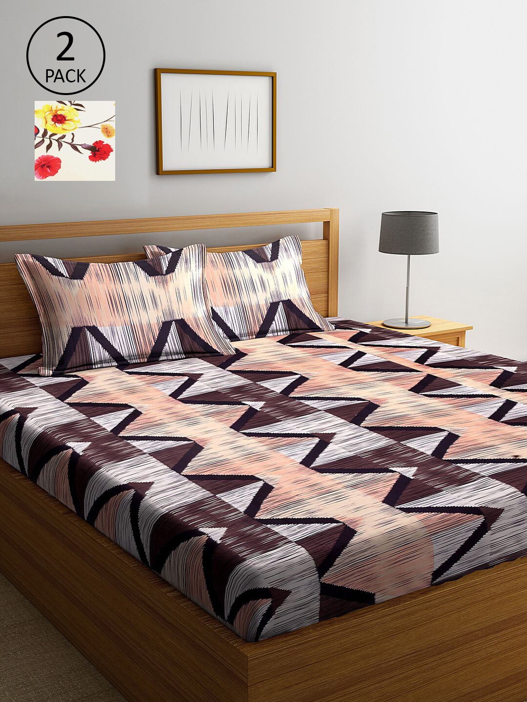 

KLOTTHE Brown & Cream-Coloured Floral 210 TC 2 King Bedsheet with 4 Pillow Covers