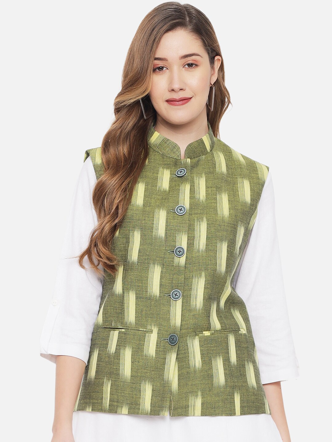

Vastraa Fusion Women Pure Cotton Ikkat Printed Nehru Jacket, Green