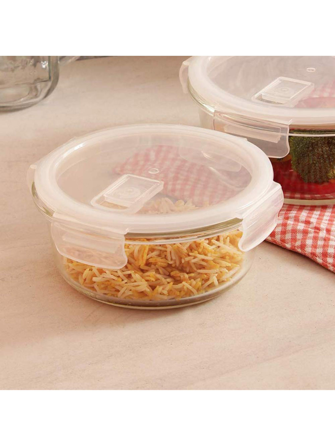 

Femora Transparent Solid Round Glass Microwave Safe Food Storage Container