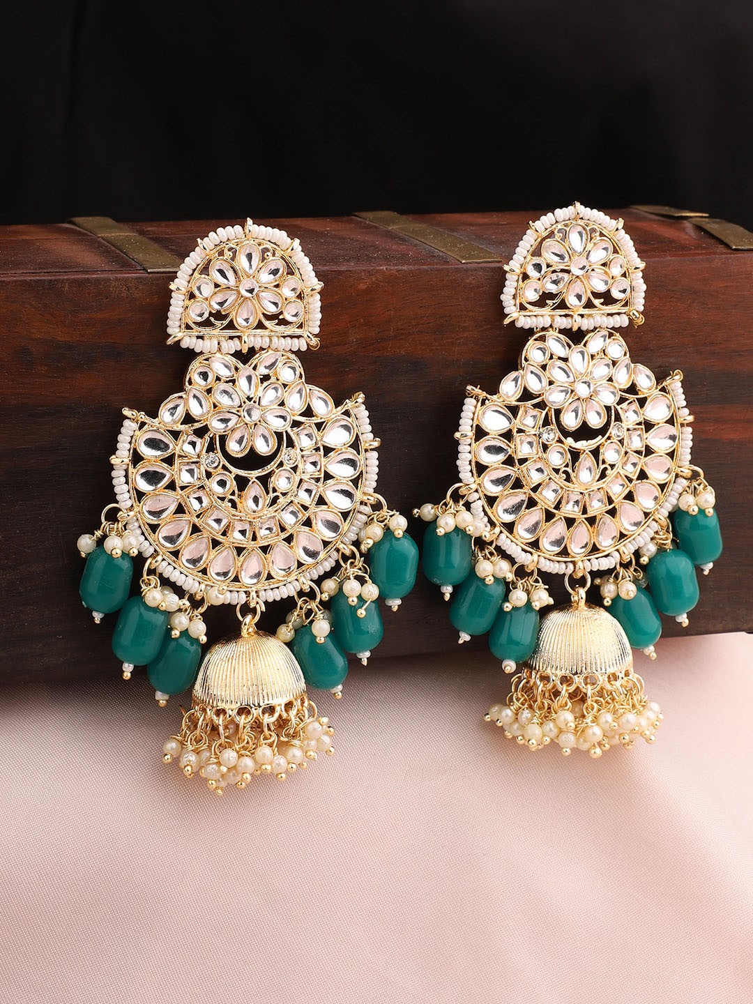 

ANIKAS CREATION Green & Gold Kundan Studded Contemporary Chandbalis Earrings