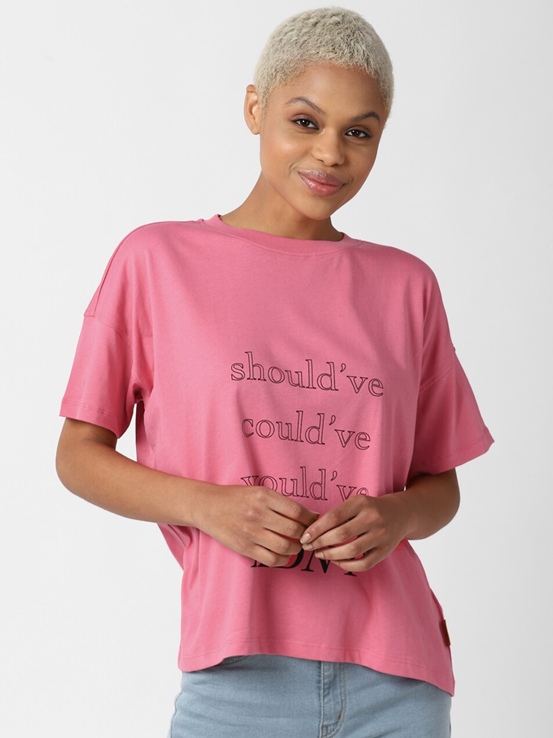 

FOREVER 21 Women Pink Typography Printed Cotton T-shirt