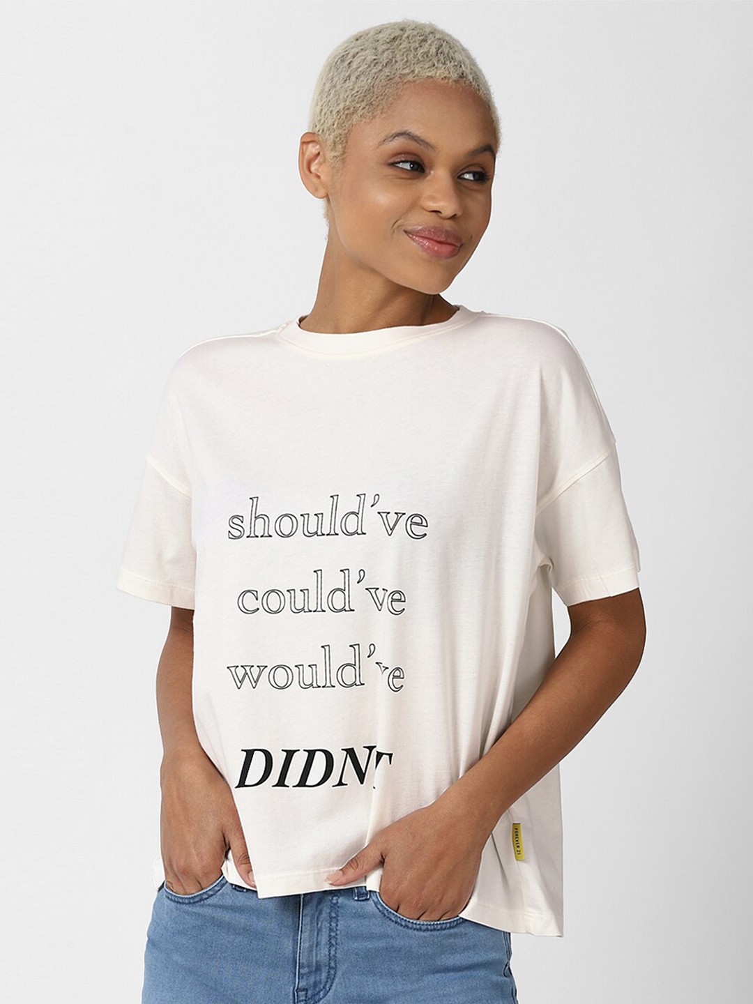

FOREVER 21 Women Cream-Coloured Typography Printed Extended Sleeves Cotton T-shirt