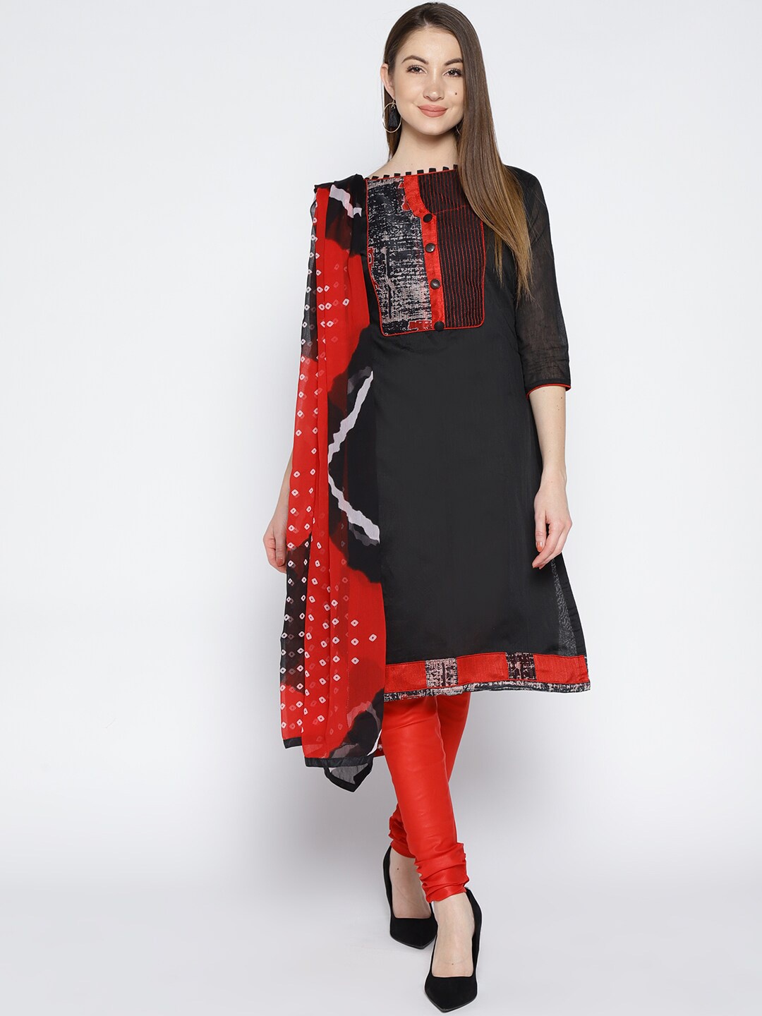 

mf Black & Red Printed Unstitched Dress Material