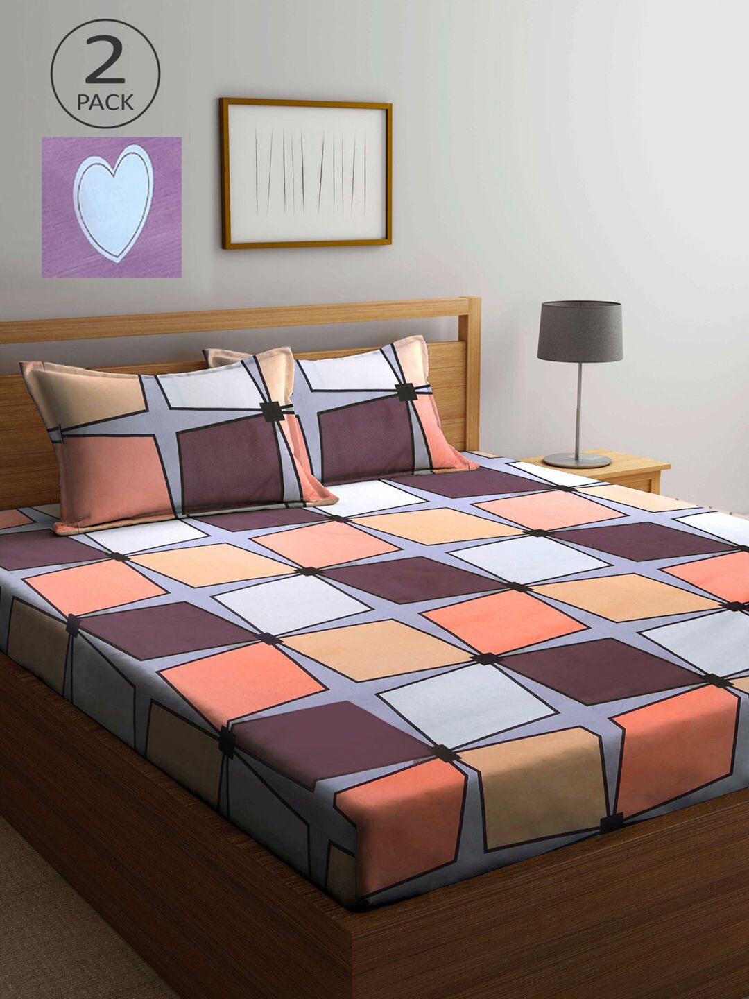 

KLOTTHE Brown & Orange Geometric 210 TC 2 King Bedsheet with 4 Pillow Covers
