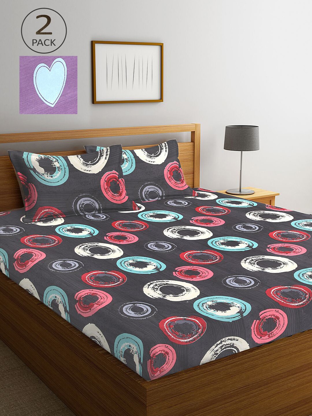 

KLOTTHE Grey & Purple Geometric 210 TC 2 King Bedsheet with 4 Pillow Covers