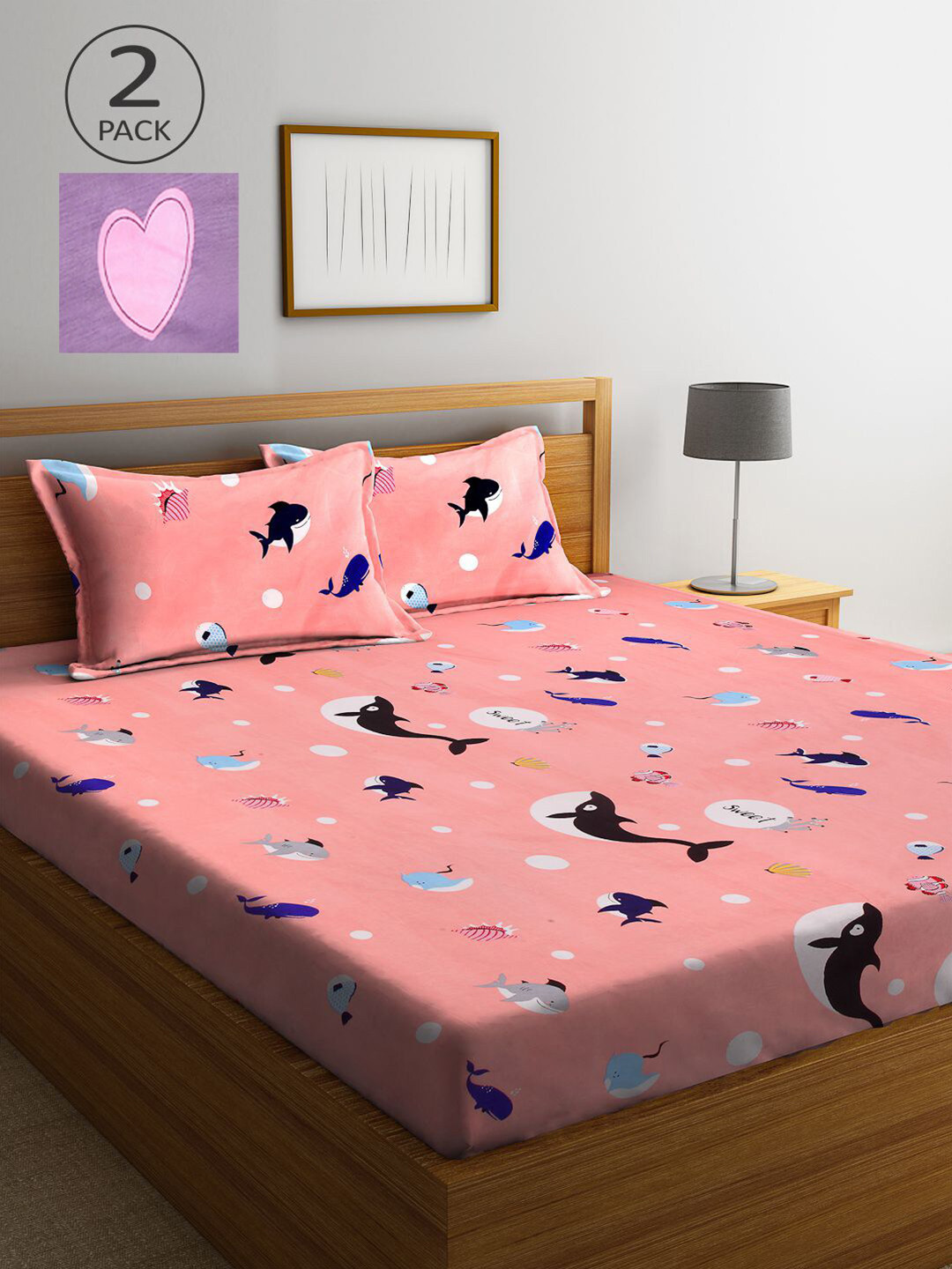 

KLOTTHE Peach-Coloured & Purple Cartoon Characters 210 TC 2 King Bedsheet with 4 Pillow Covers