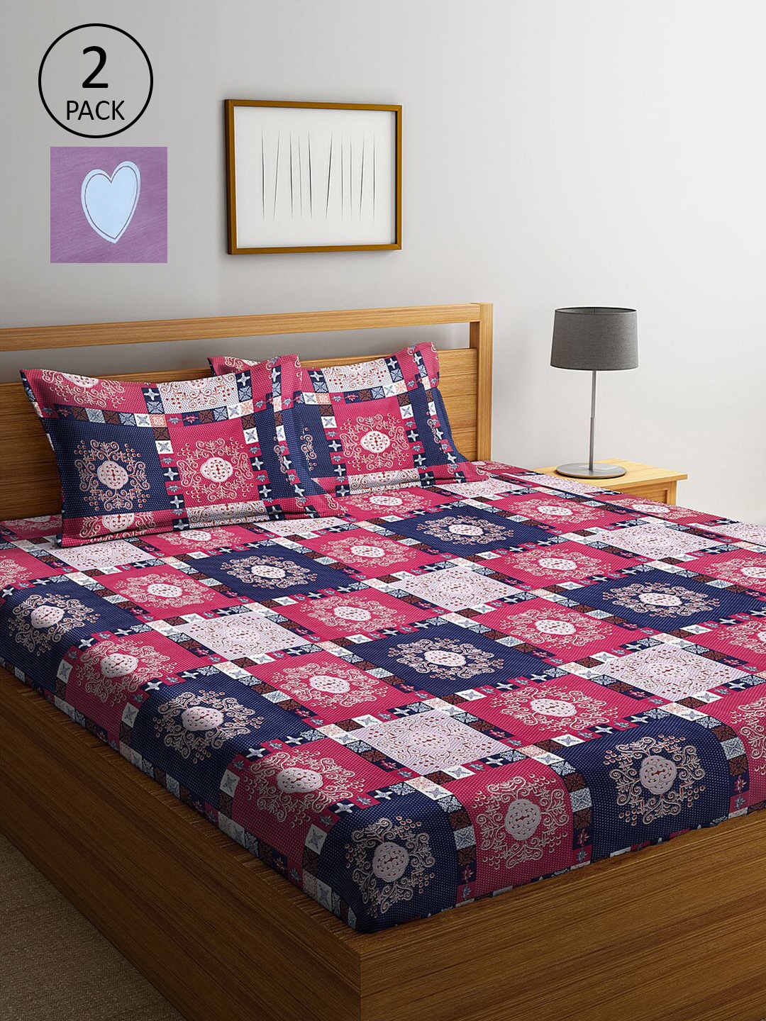 

KLOTTHE Navy Blue & Pink Geometric 210 TC 2 King Bedsheet with 4 Pillow Covers