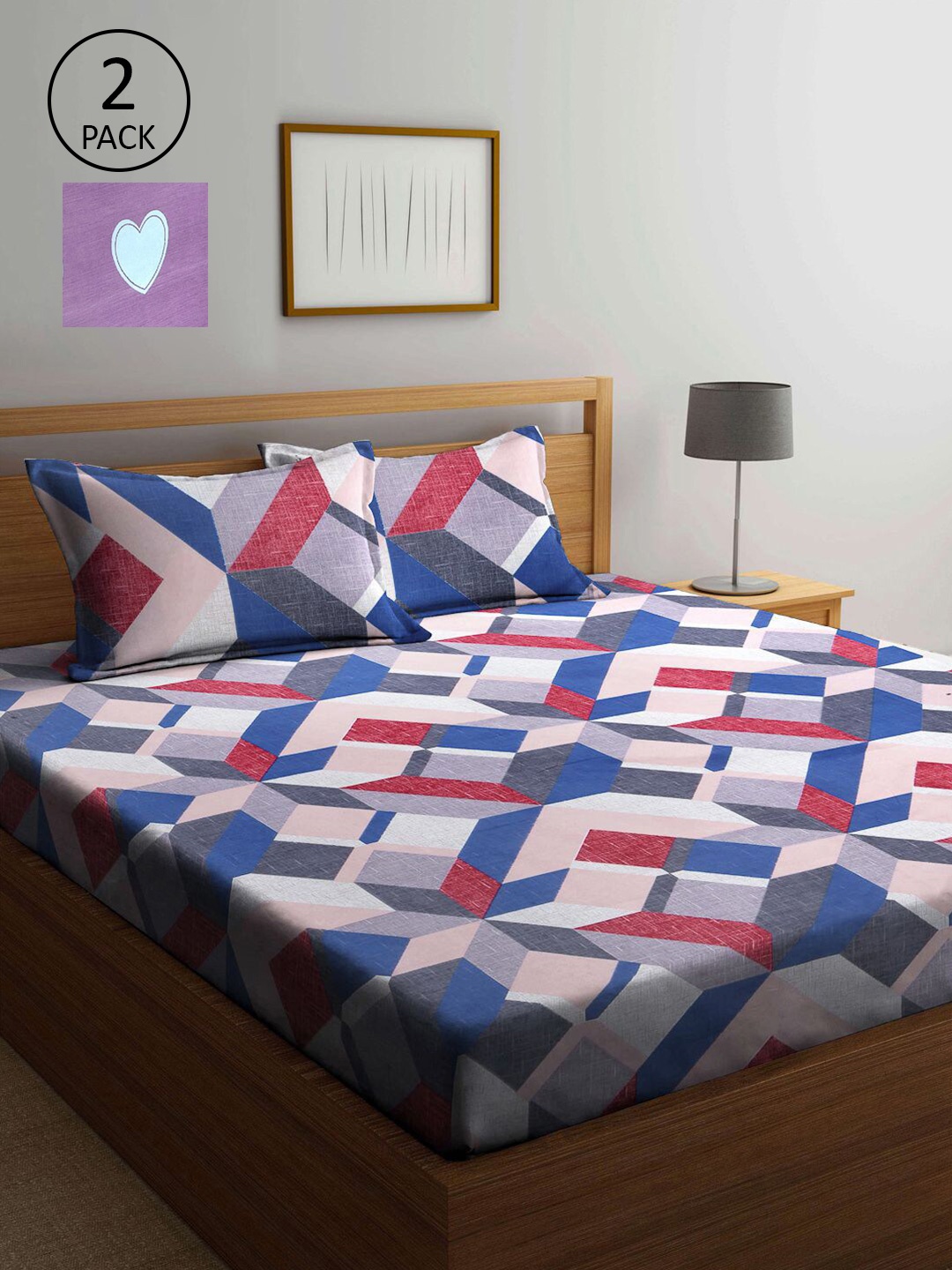 

KLOTTHE Blue & Pink Geometric 210 TC 2 King Bedsheet with 4 Pillow Covers