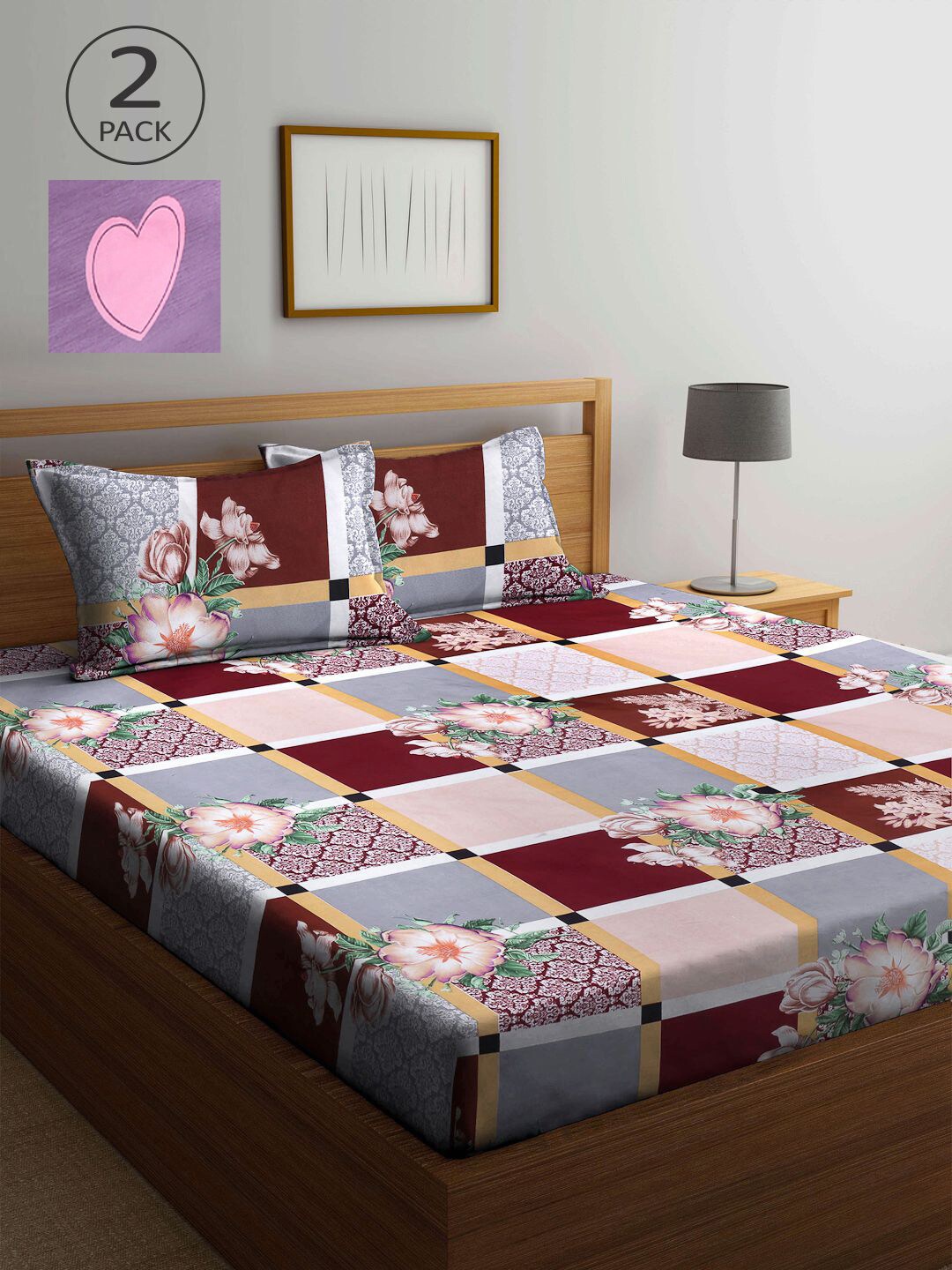 

KLOTTHE Set Of 2 Brown & Grey Floral 210 TC King Bedsheet with 4 Pillow Covers