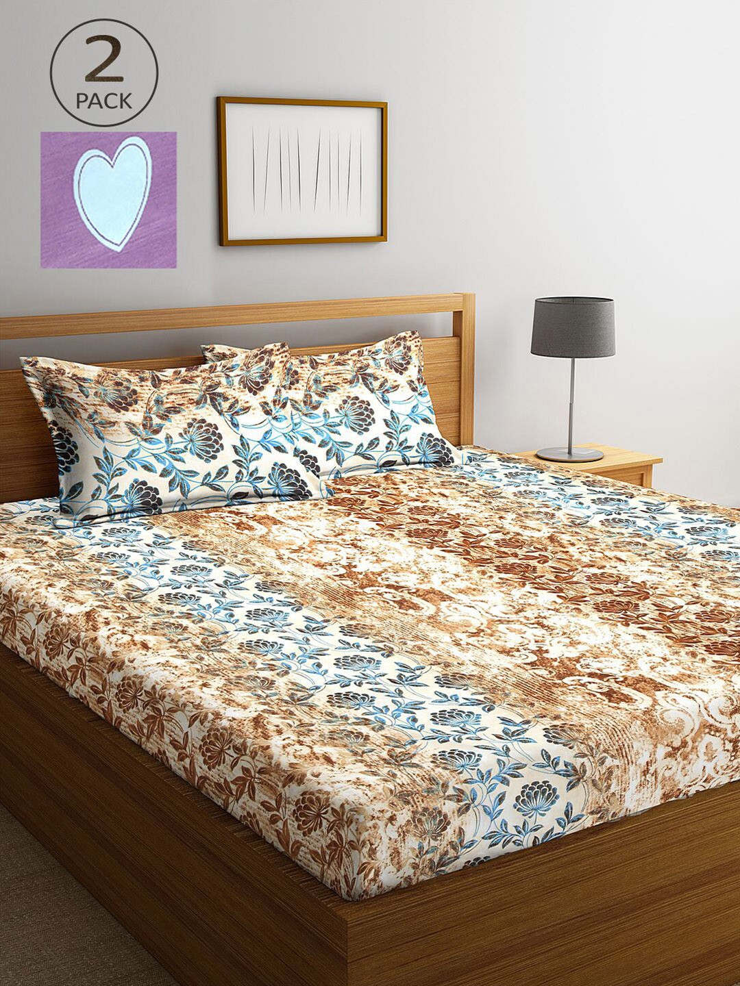 

KLOTTHE Beige & Blue Floral 210 TC 2 King Bedsheet with 4 Pillow Covers