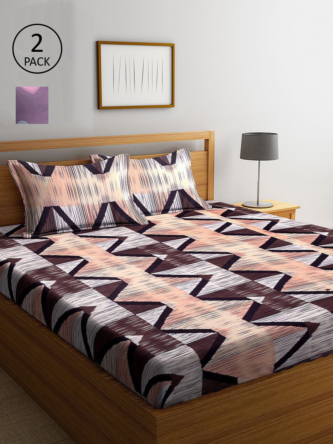 

KLOTTHE Peach-Coloured & Brown Geometric 210 TC 2 King Bedsheet with 4 Pillow Covers