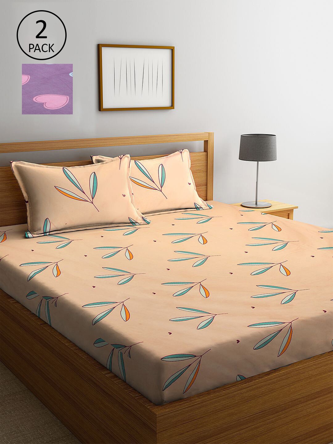 

KLOTTHE Beige & Purple Floral 210 TC 2 King Bedsheet with 4 Pillow Covers