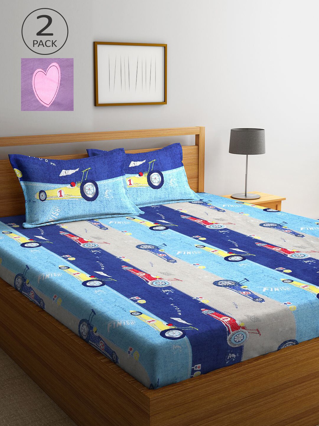 

KLOTTHE Blue & White Cartoon Characters 210 TC 2 King Bedsheet with 4 Pillow Covers