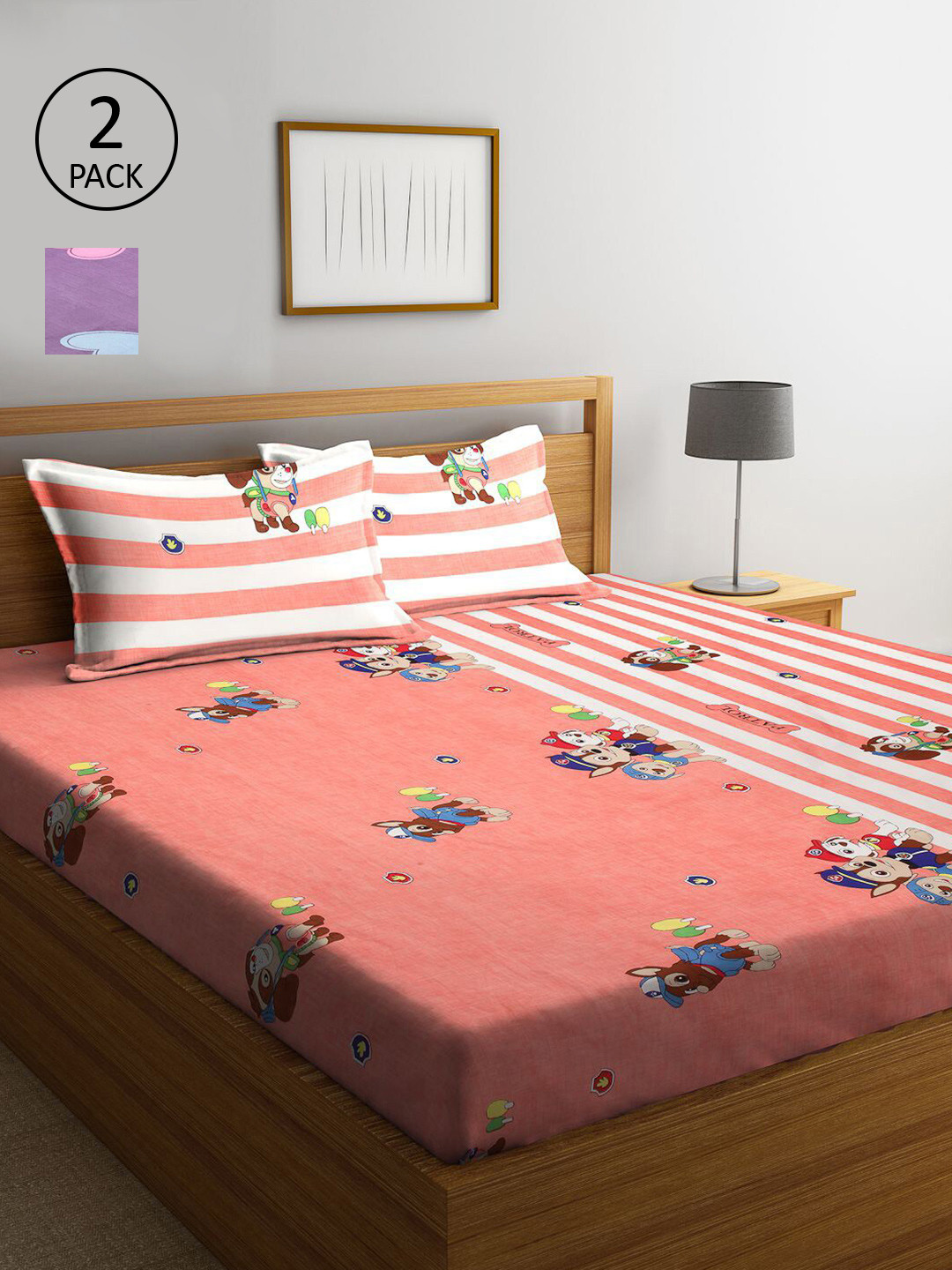 

KLOTTHE Peach-Coloured & Purple Cartoon Characters 210 TC 2 King Bedsheet with 4 Pillow Covers