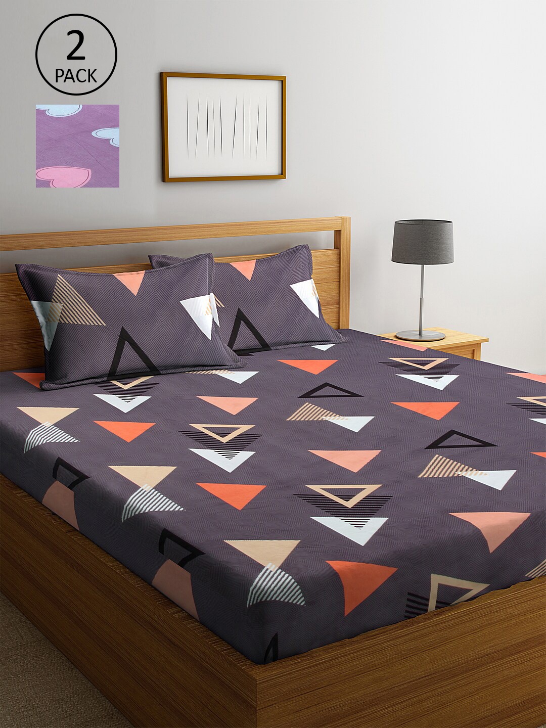 

KLOTTHE Grey & Purple Geometric 210 TC 2 King Bedsheet with 4 Pillow Covers