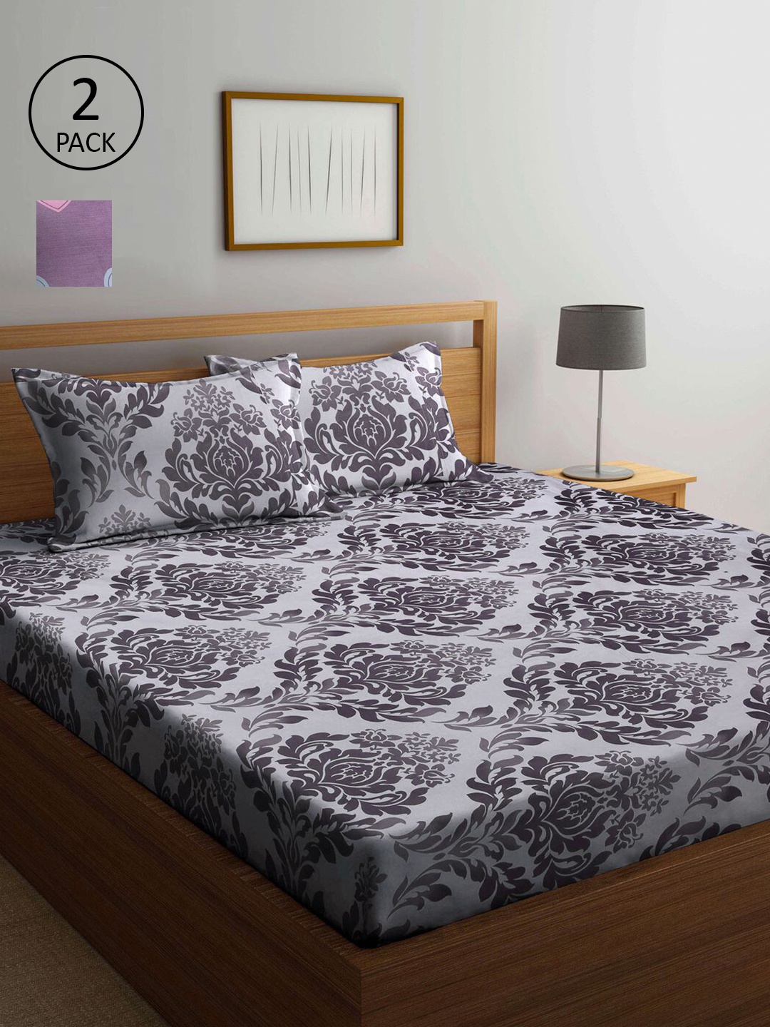 

KLOTTHE Grey & Black Floral 210 TC 2 King Bedsheet with 4 Pillow Covers