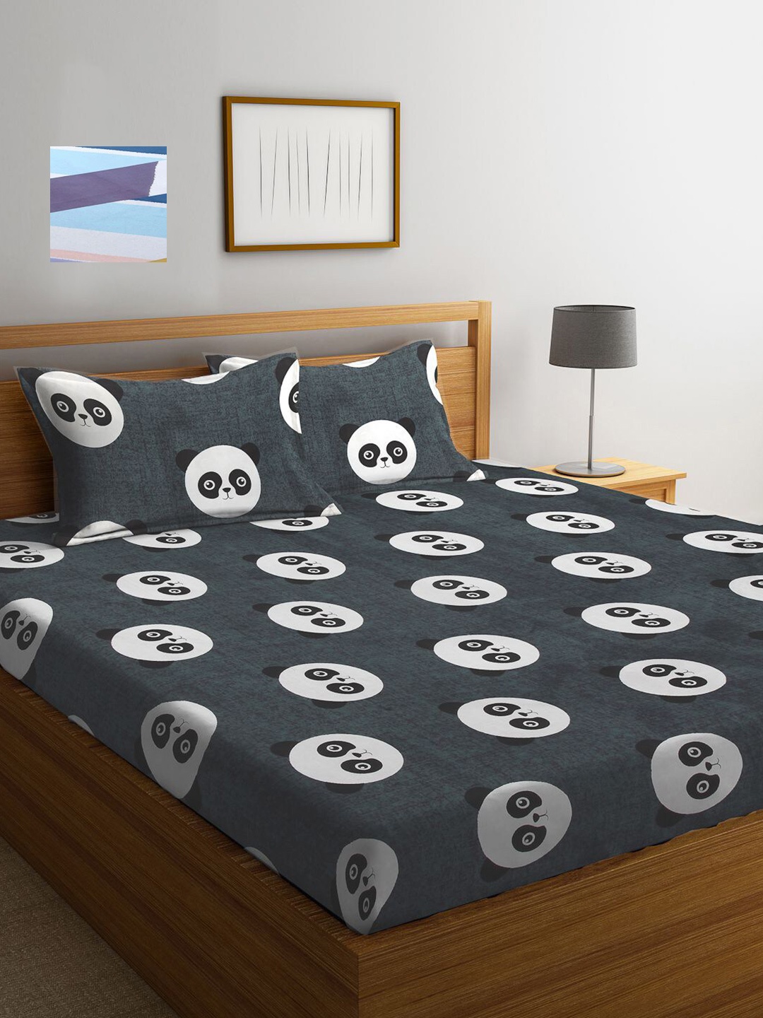 

KLOTTHE Grey & Blue Cartoon Characters 210 TC 2 King Bedsheet with 4 Pillow Covers