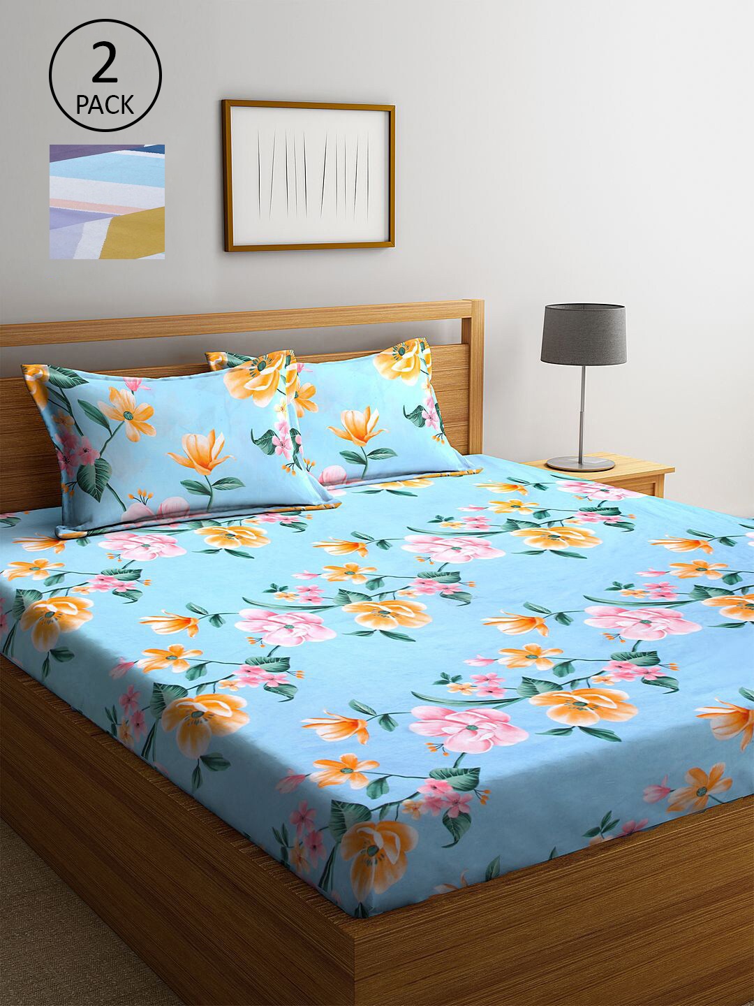 

KLOTTHE Blue & Yellow Floral 210 TC 2 King Bedsheet with 4 Pillow Covers