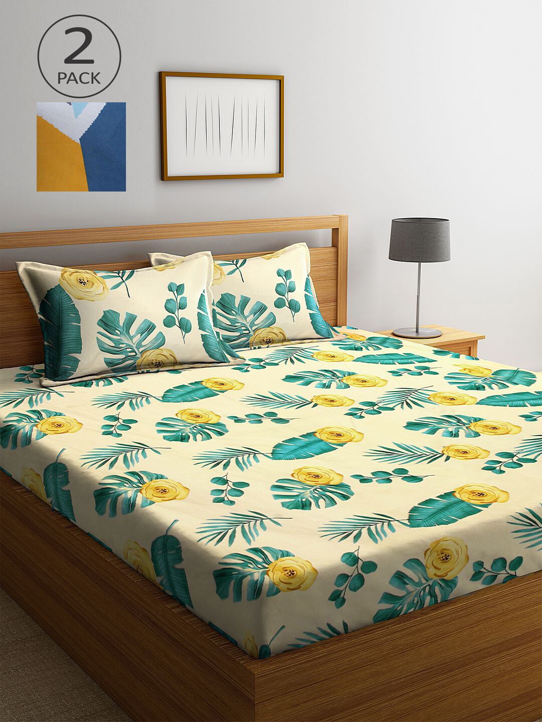 

KLOTTHE Beige & Green Floral 210 TC 2 King Bedsheet with 4 Pillow Covers