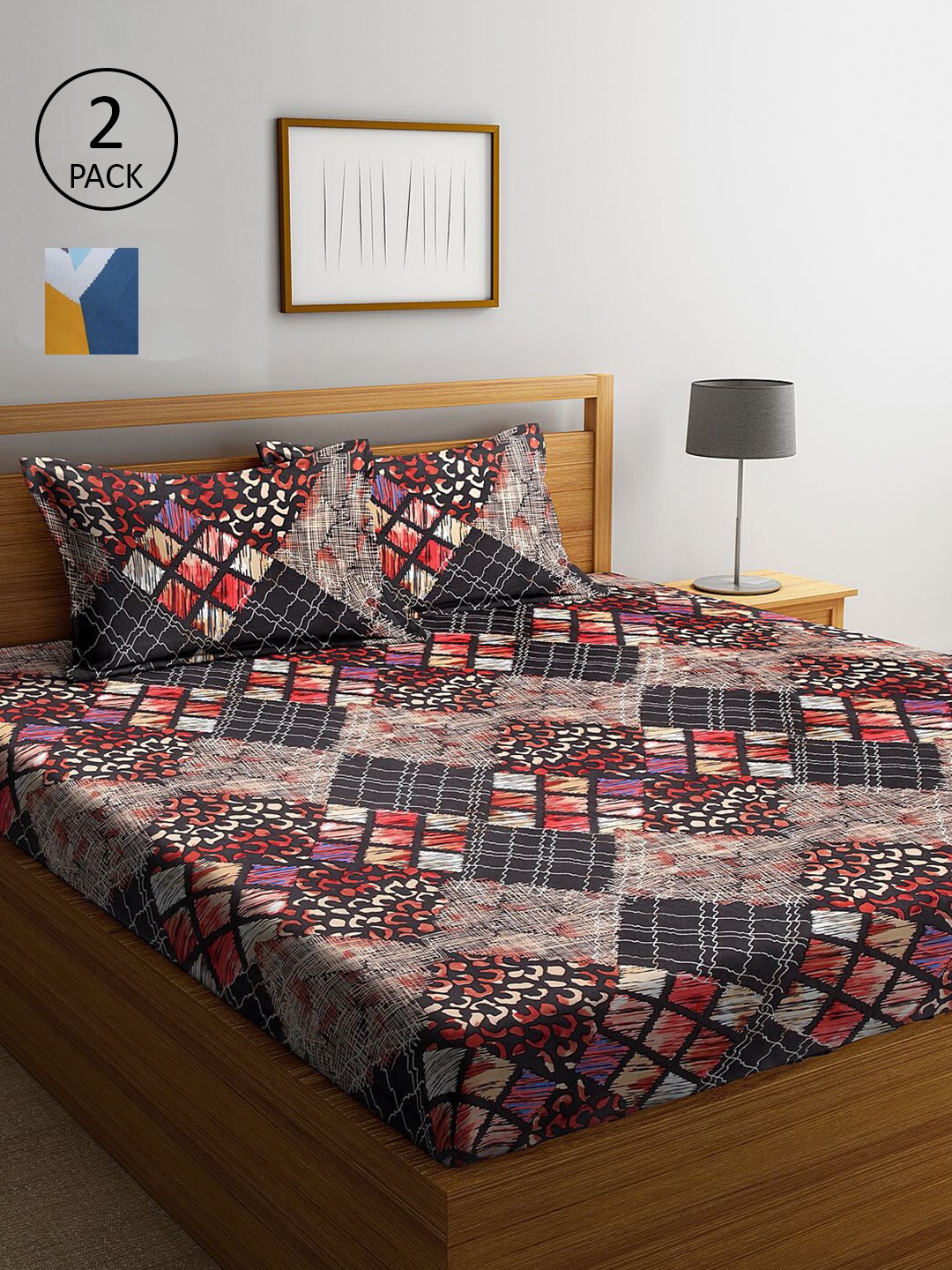 

KLOTTHE Brown & Navy Blue Geometric 210 TC 2 King Bedsheet with 4 Pillow Covers