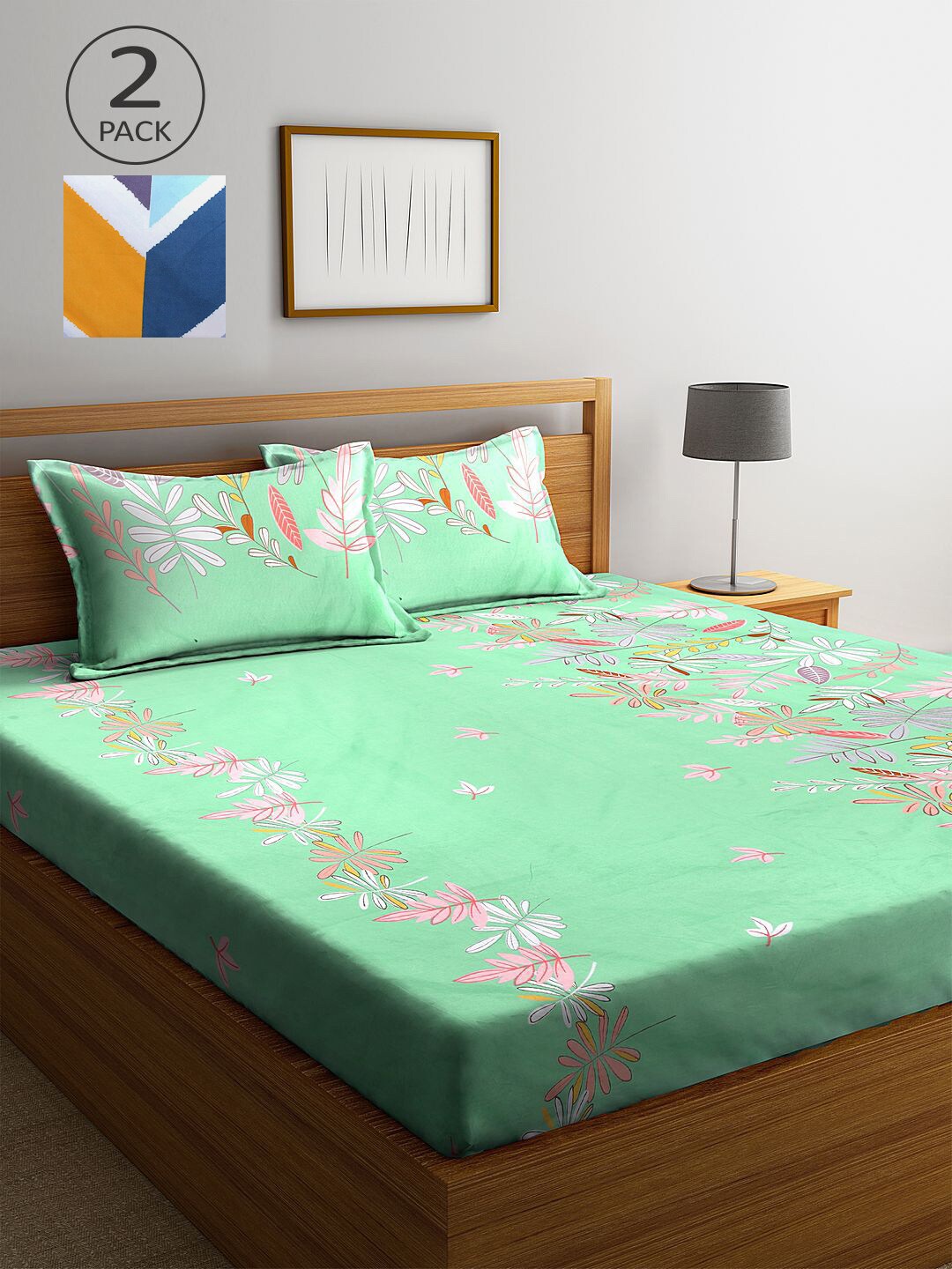 

KLOTTHE Green & Blue Floral 210 TC 2 King Bedsheet with 4 Pillow Covers