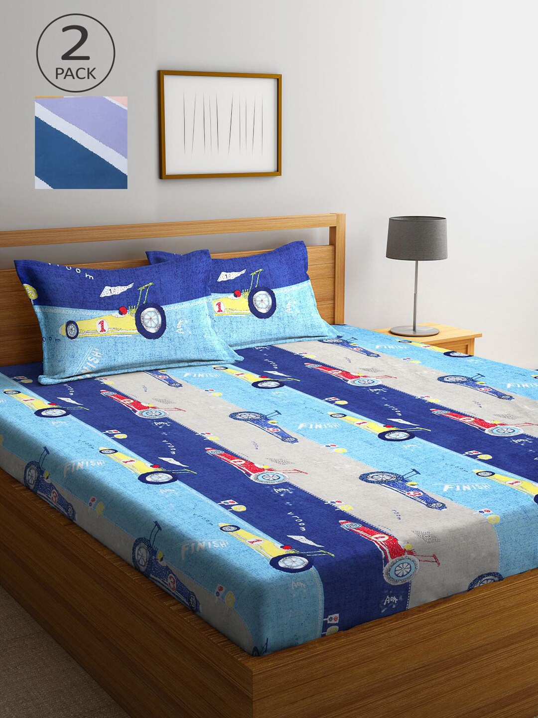 

KLOTTHE Blue & White Cartoon Characters 210 TC 2 King Bedsheet with 4 Pillow Covers