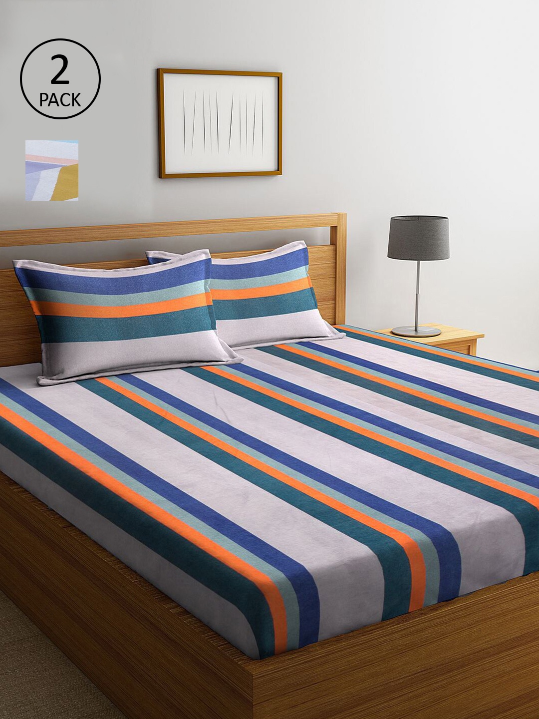 

KLOTTHE Off White & Blue Striped 210 TC 2 King Bedsheet with 4 Pillow Covers