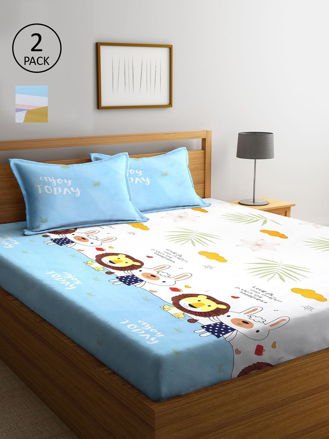 

KLOTTHE White & Blue Cartoon Characters 210 TC 2 King Bedsheet with 4 Pillow Covers