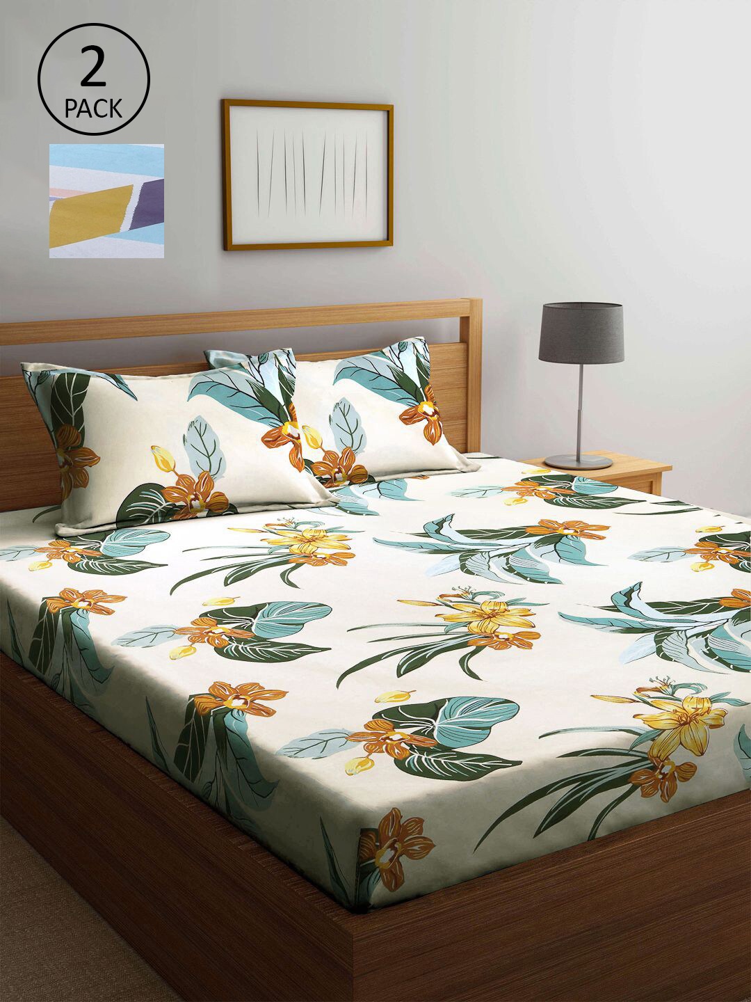 

KLOTTHE Cream-Coloured & Blue Floral 210 TC 2 King Bedsheet with 4 Pillow Covers