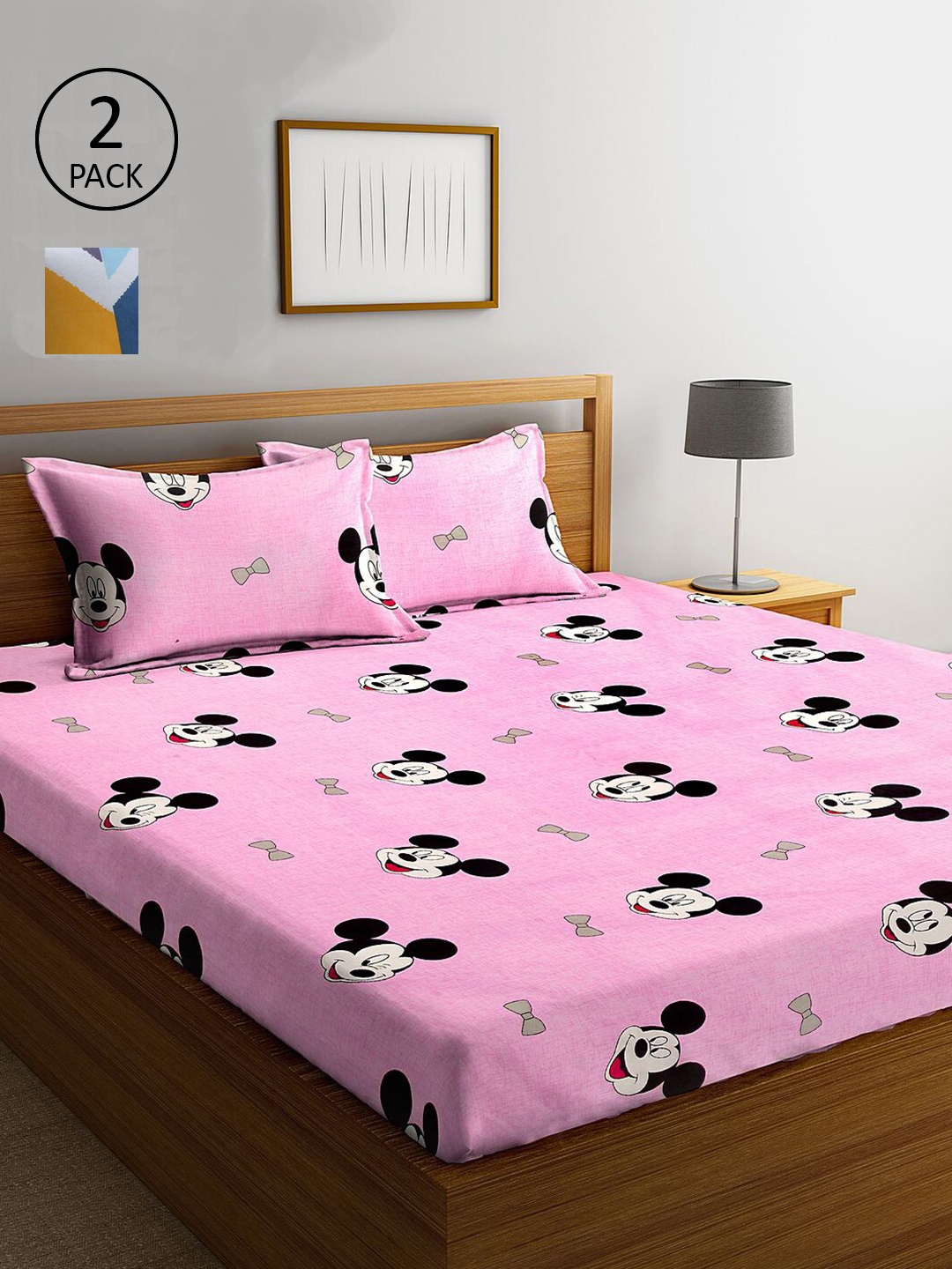 

KLOTTHE Pink & Blue Cartoon Characters 210 TC 2 King Bedsheet with 4 Pillow Covers
