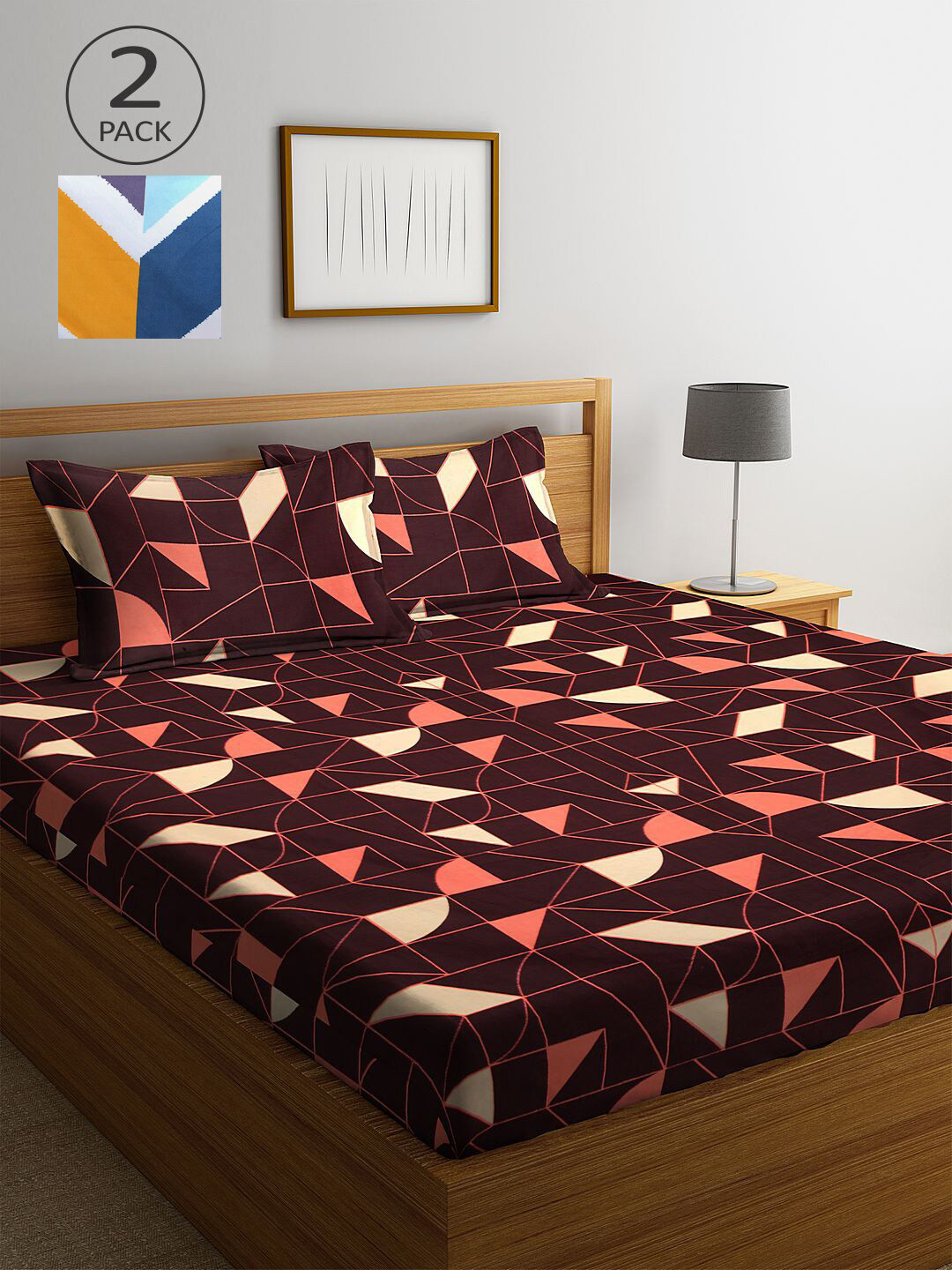 

KLOTTHE Brown & Blue Geometric 210 TC 2 King Bedsheet with 4 Pillow Covers