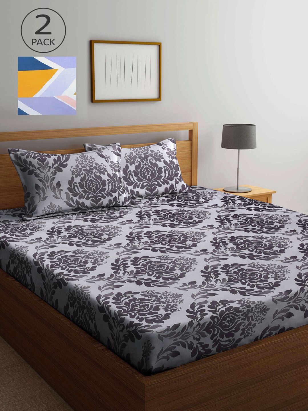 

KLOTTHE Grey & Blue Floral 210 TC 2 King Bedsheet with 4 Pillow Covers