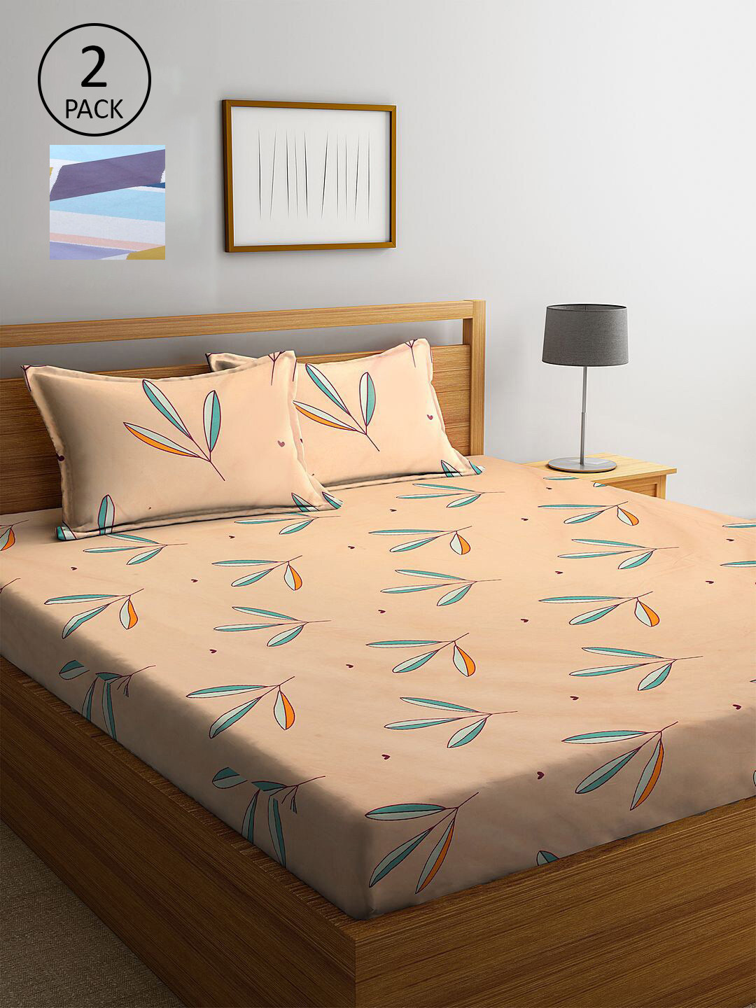 

KLOTTHE Beige & Blue Floral 210 TC 2 King Bedsheet with 4 Pillow Covers