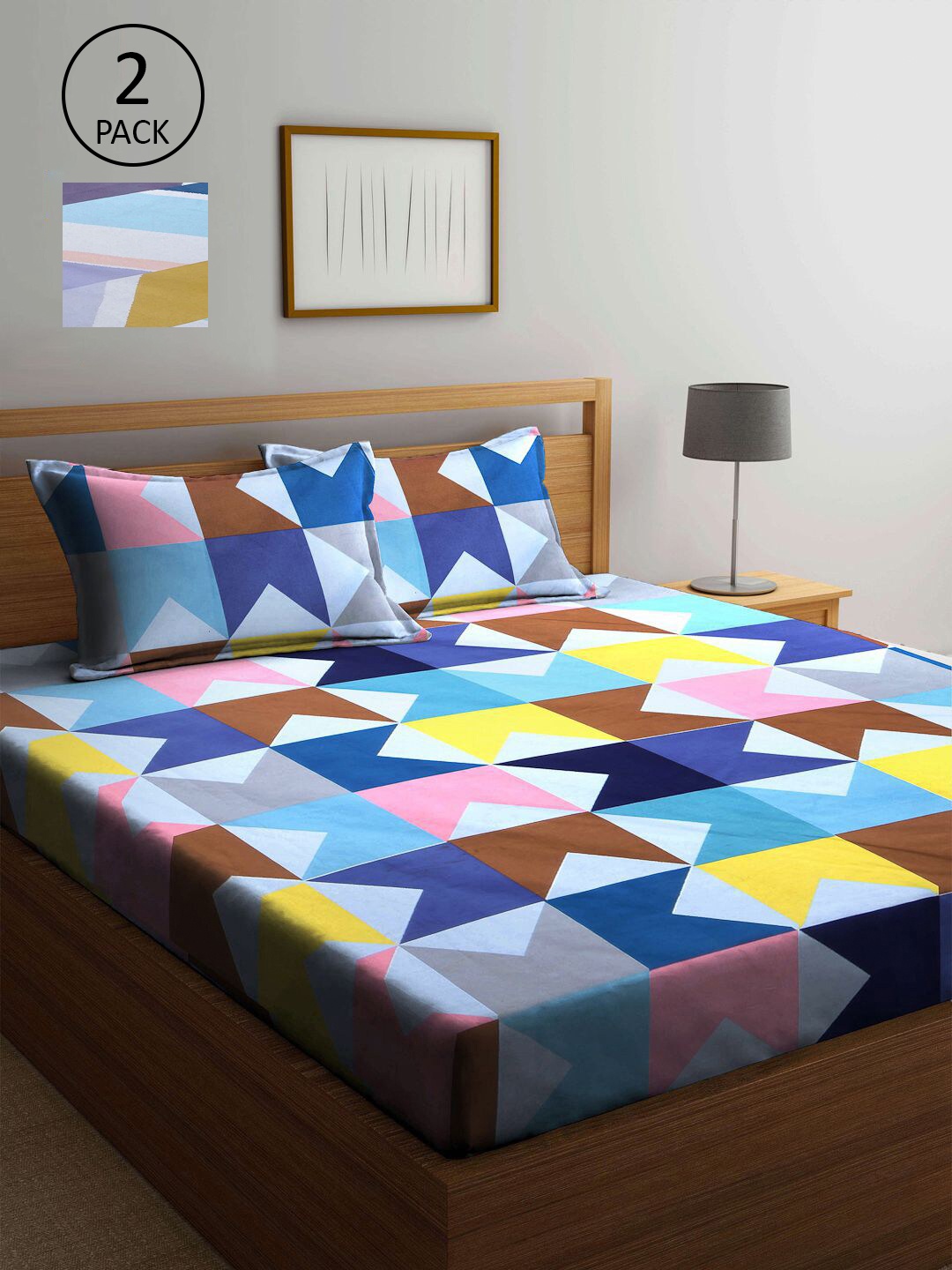 

KLOTTHE Blue & Yellow Geometric 210 TC 2 King Bedsheet with 4 Pillow Covers