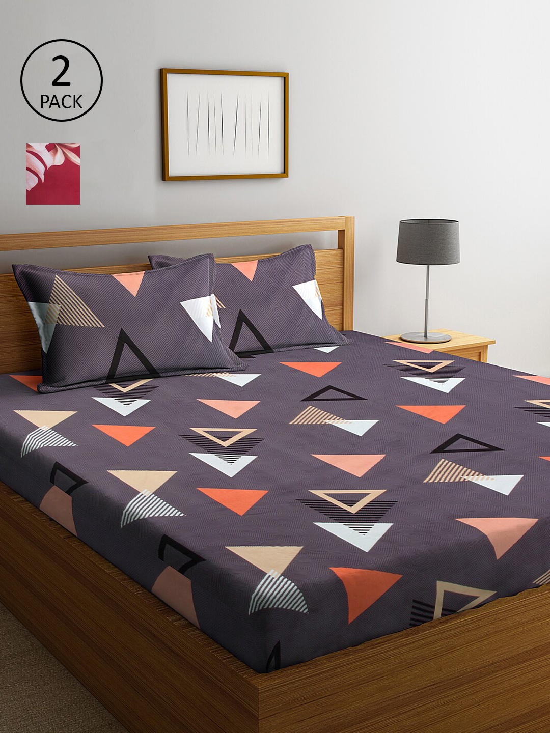

KLOTTHE Purple & Maroon Geometric 210 TC 2 King Bedsheet with 4 Pillow Covers