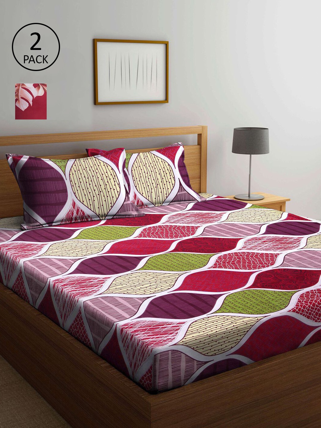 

KLOTTHE Pink & Maroon Geometric 210 TC 2 King Bedsheet with 4 Pillow Covers